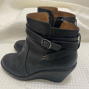 Black ankle boots, leather upper; 8M; wedge style boot; comfortable and cute.